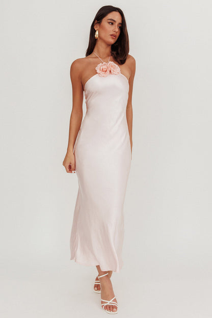 High Roller Flower Decoration Halter Dress Baby Pink
