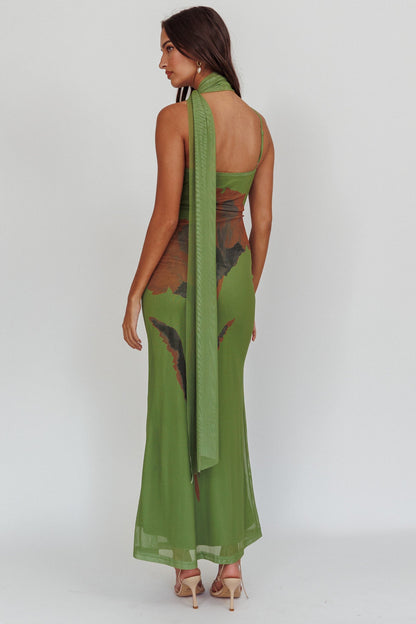No Surprises Scarfed Floral Maxi Dress Green