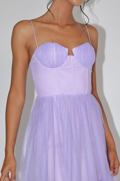 Moonlight Sonata Ruffle Mesh Midi Dress Lilac