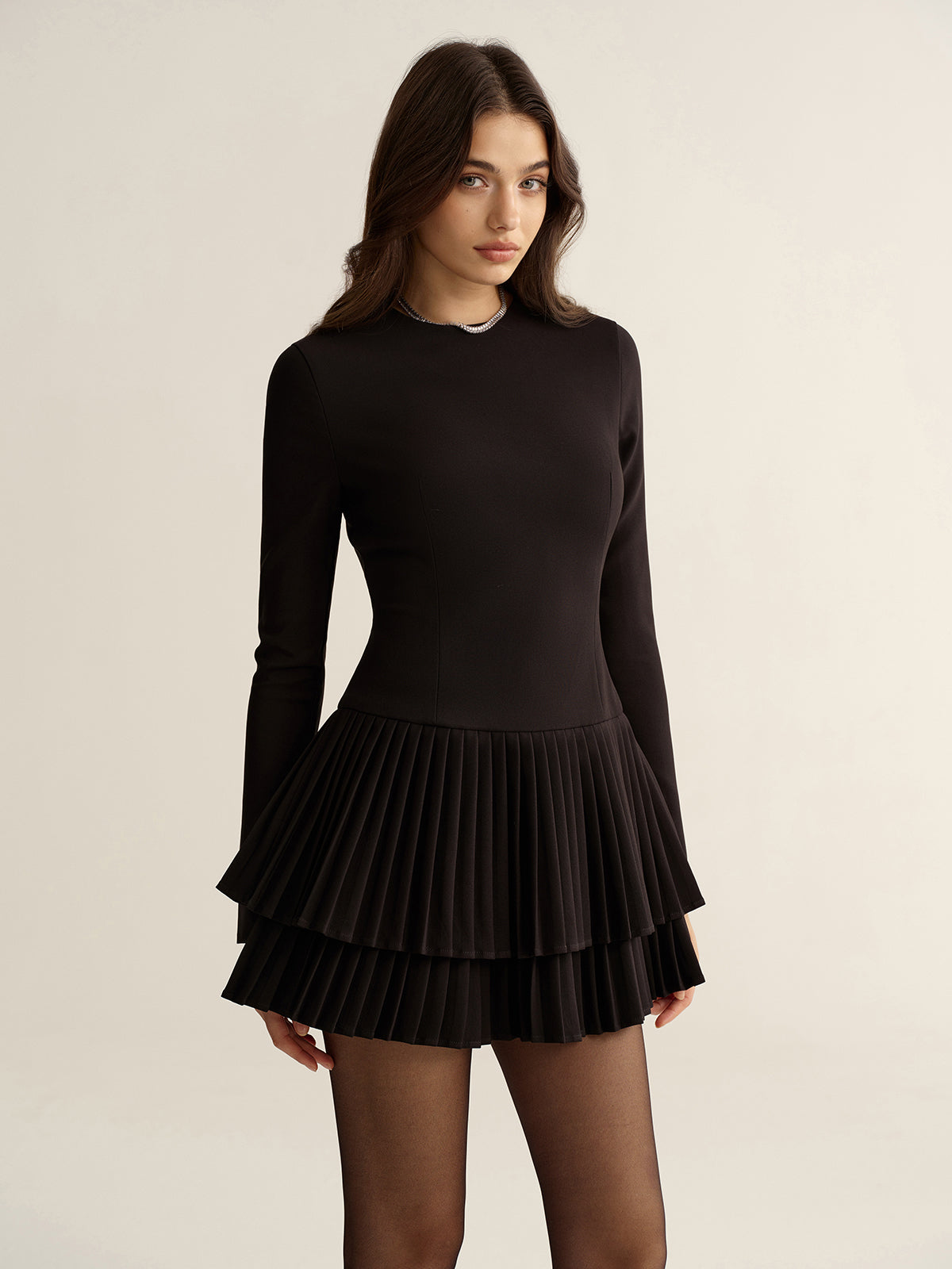 Long Sleeve Tiered Pleated Mini Dress