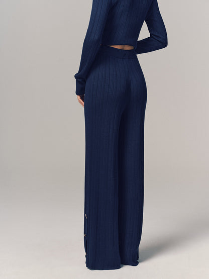 Textured Wool-Blend Metal-Detail Slit Knit Pants