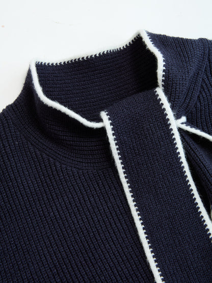 Contrast-Trim Tie-Neck Knit Midi Dress