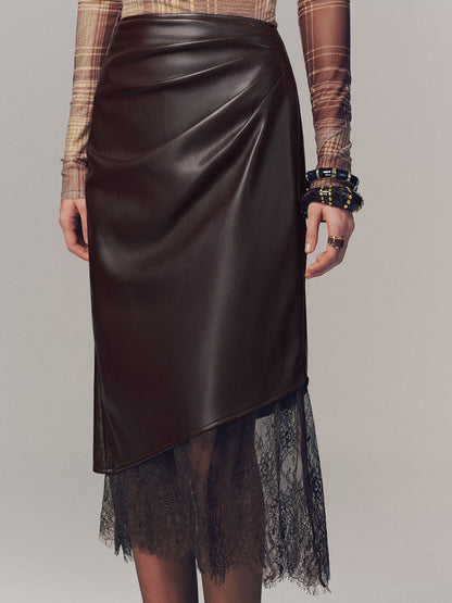 Lace Hem Faux Leather Ruched Midi Skirt