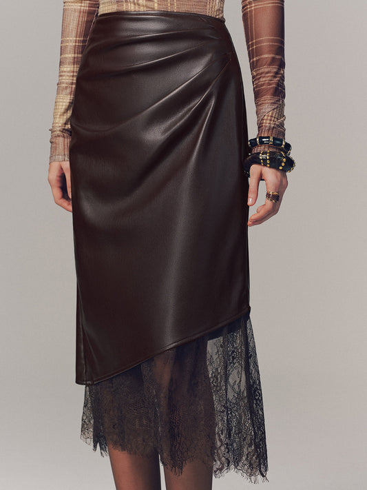 Lace Hem Faux Leather Ruched Midi Skirt