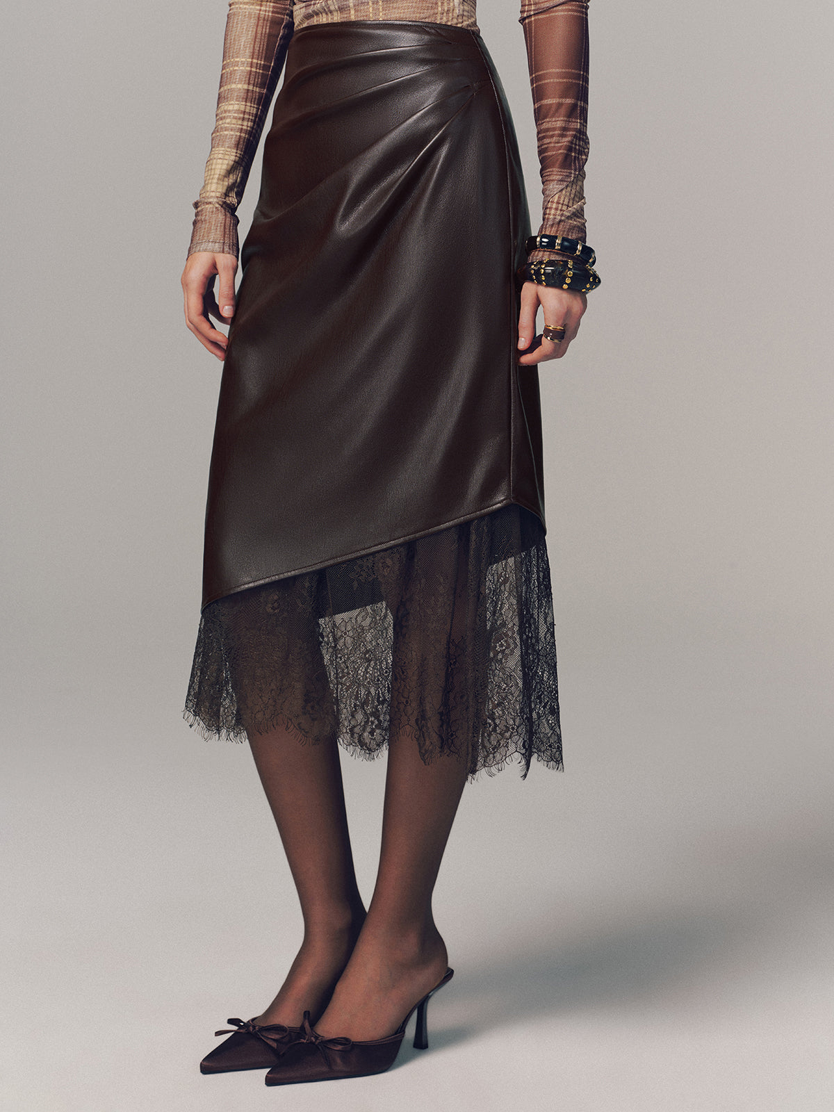 Lace Hem Faux Leather Ruched Midi Skirt