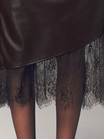 Lace Hem Faux Leather Ruched Midi Skirt