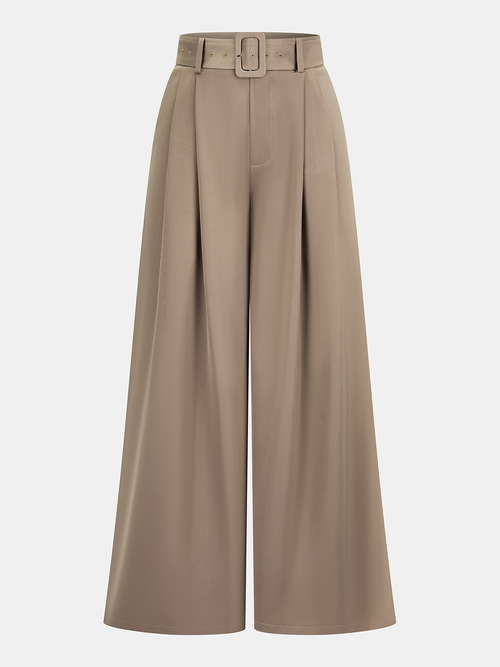 Belted Satin Pleated Wide-Leg Pants