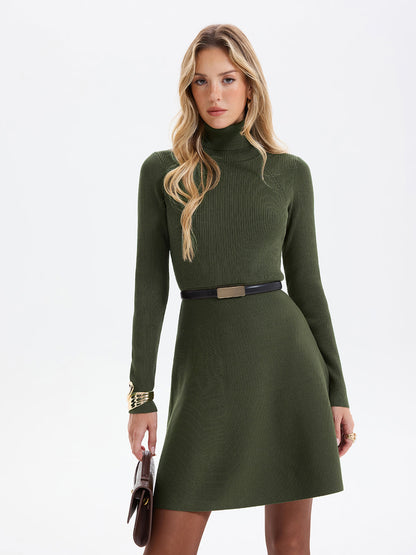 Belted Ribbed Turtleneck Knit Mini Dress