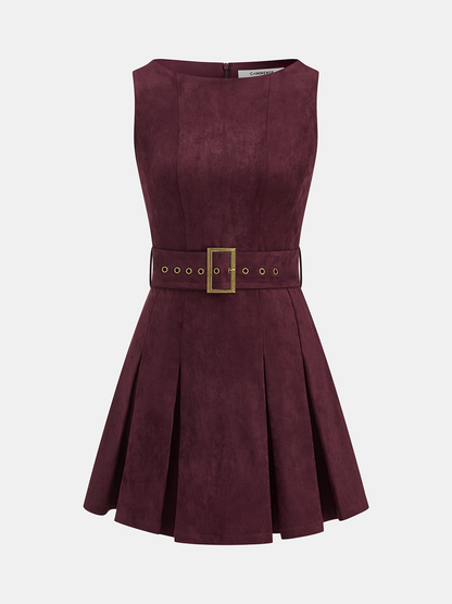 Belted Suede Pleated Mini Dress