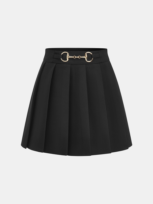 Horsebit Pleated Mini Skirt