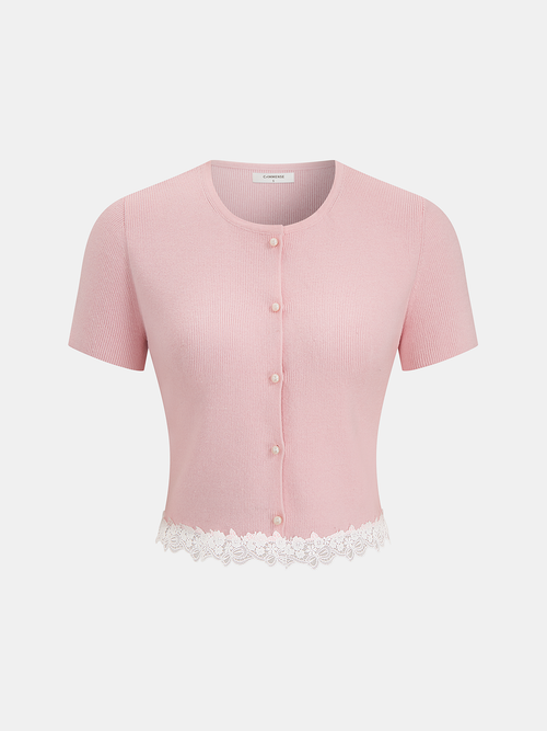 Ribbed Lace-Trim Short-Sleeve Cardigan