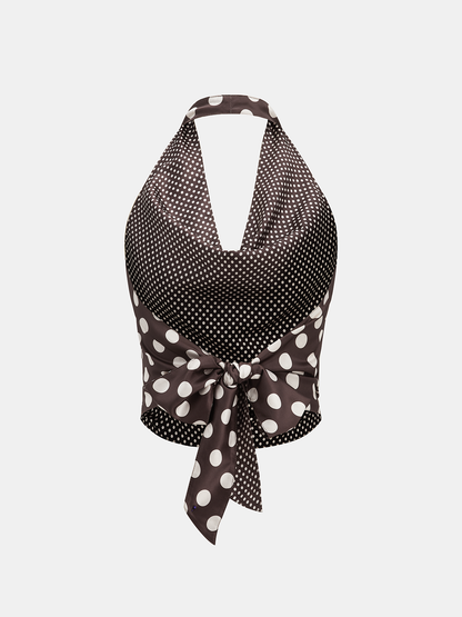 Polka Dot Backless Halter Satin Top