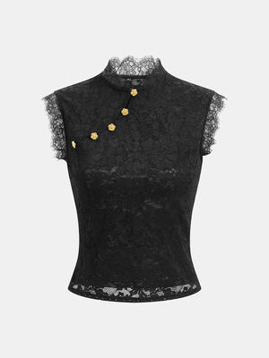 Floral Button Mandarin Collar Lace Top