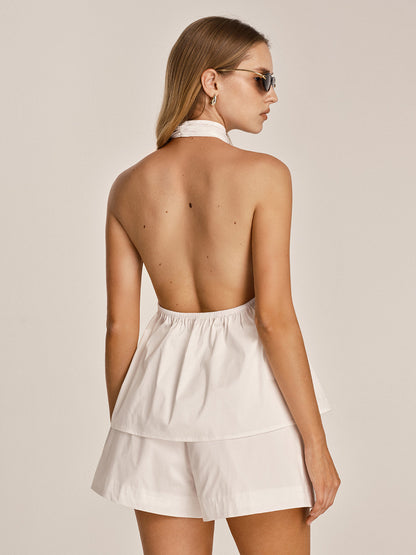 Cotton Blend Halter Peplum Top & Shorts Set