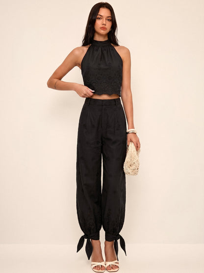 Eyelet Embroidery Top & Tie-Cuff Pants Set