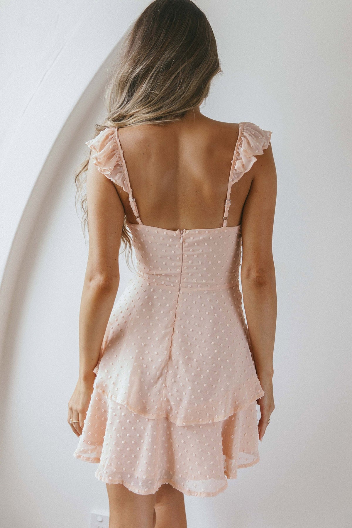Theory Sweetheart Neckline Frill Strap Mini Dress Textured Peach