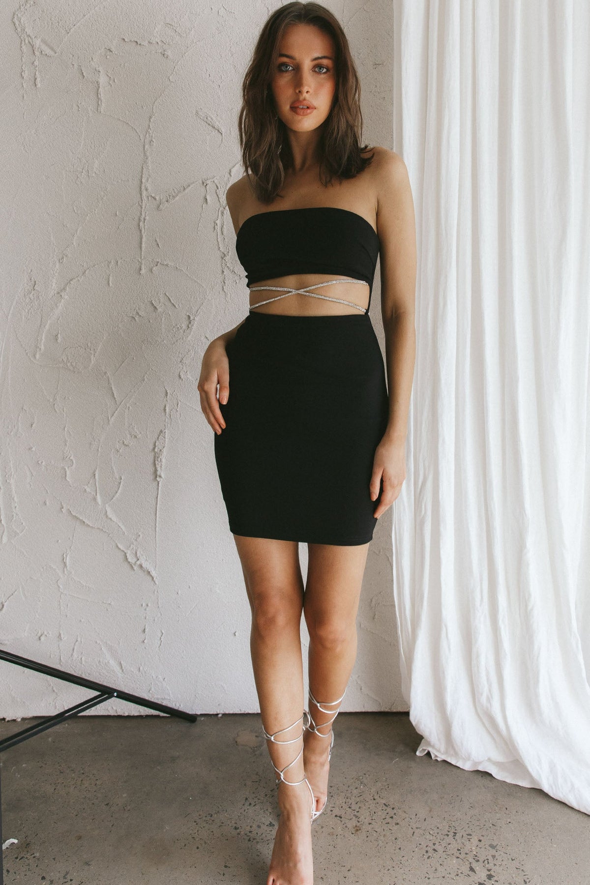 Nohemi Strapless Diamante Mini Dress Black