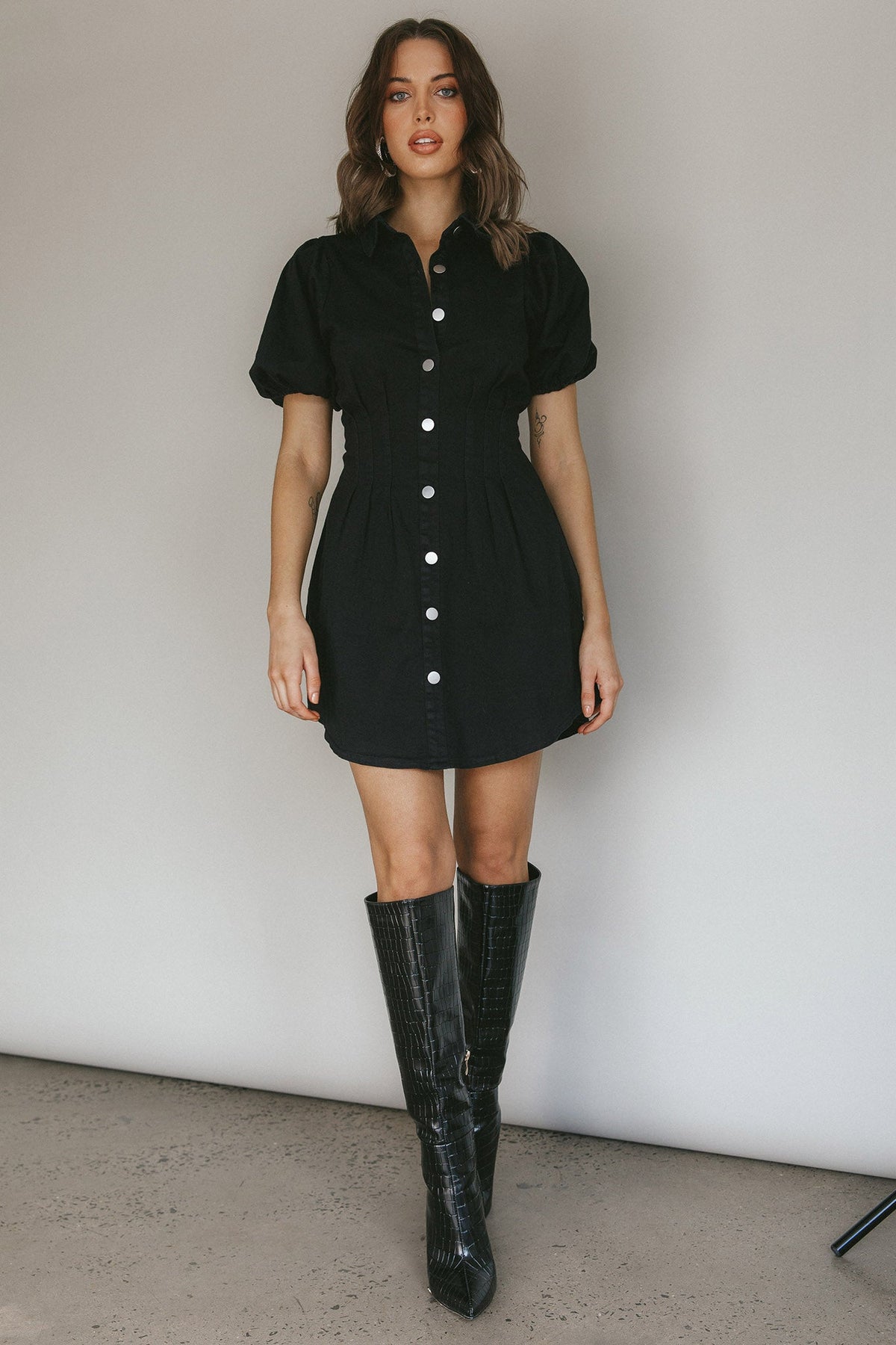 Zurich Pleated Waist Shirt Dress Black