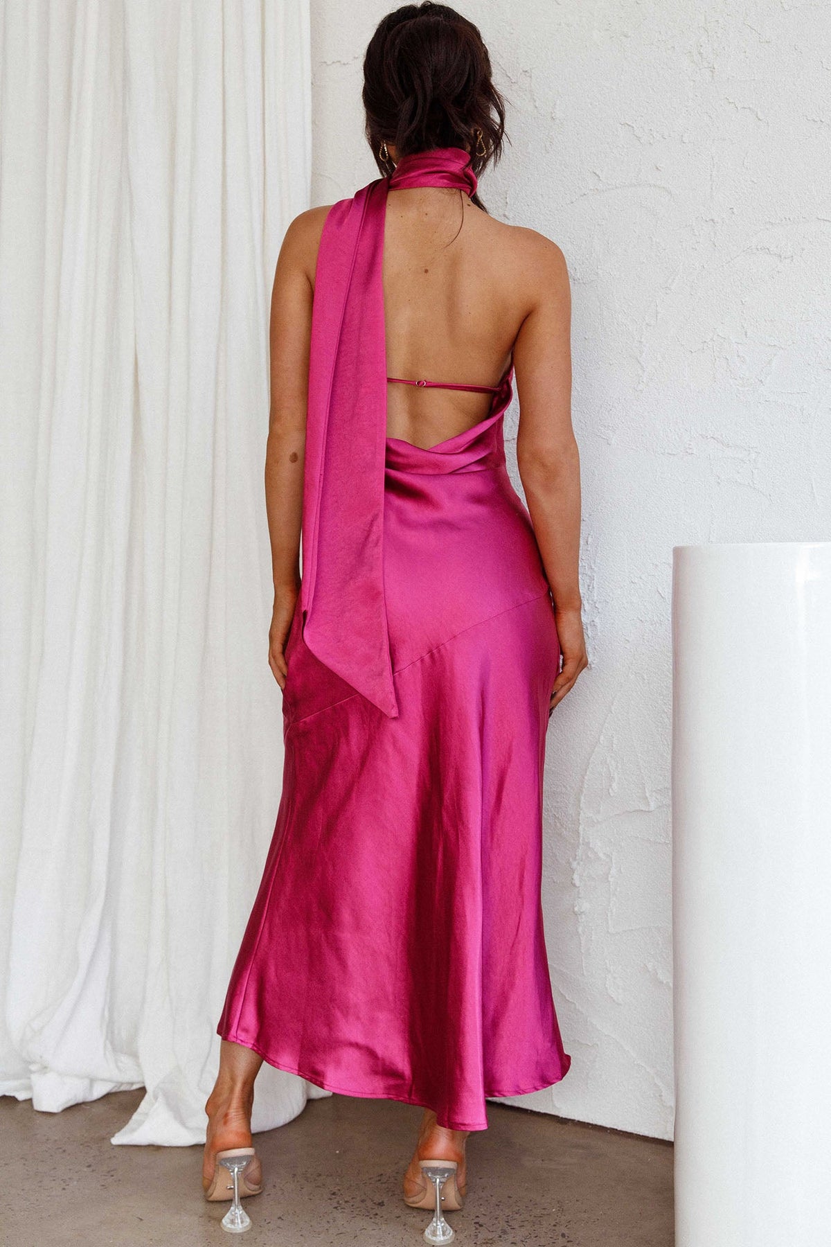 Italian Summer Tie Neck Midi Dress Fuchsia
