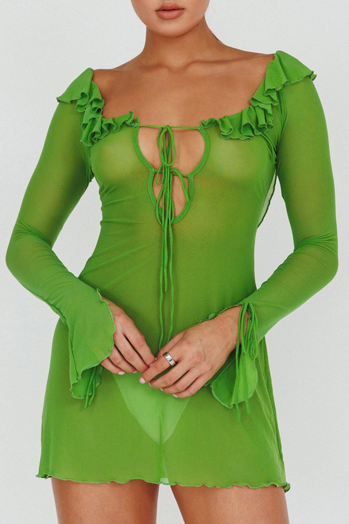 Sea Dreaming Ruffle Trim Mini Dress Lime