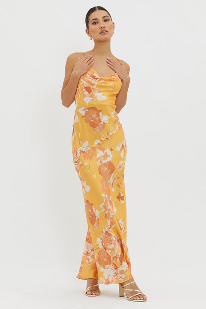 Dream Walk Cowl Back Tied Dress Print Orange