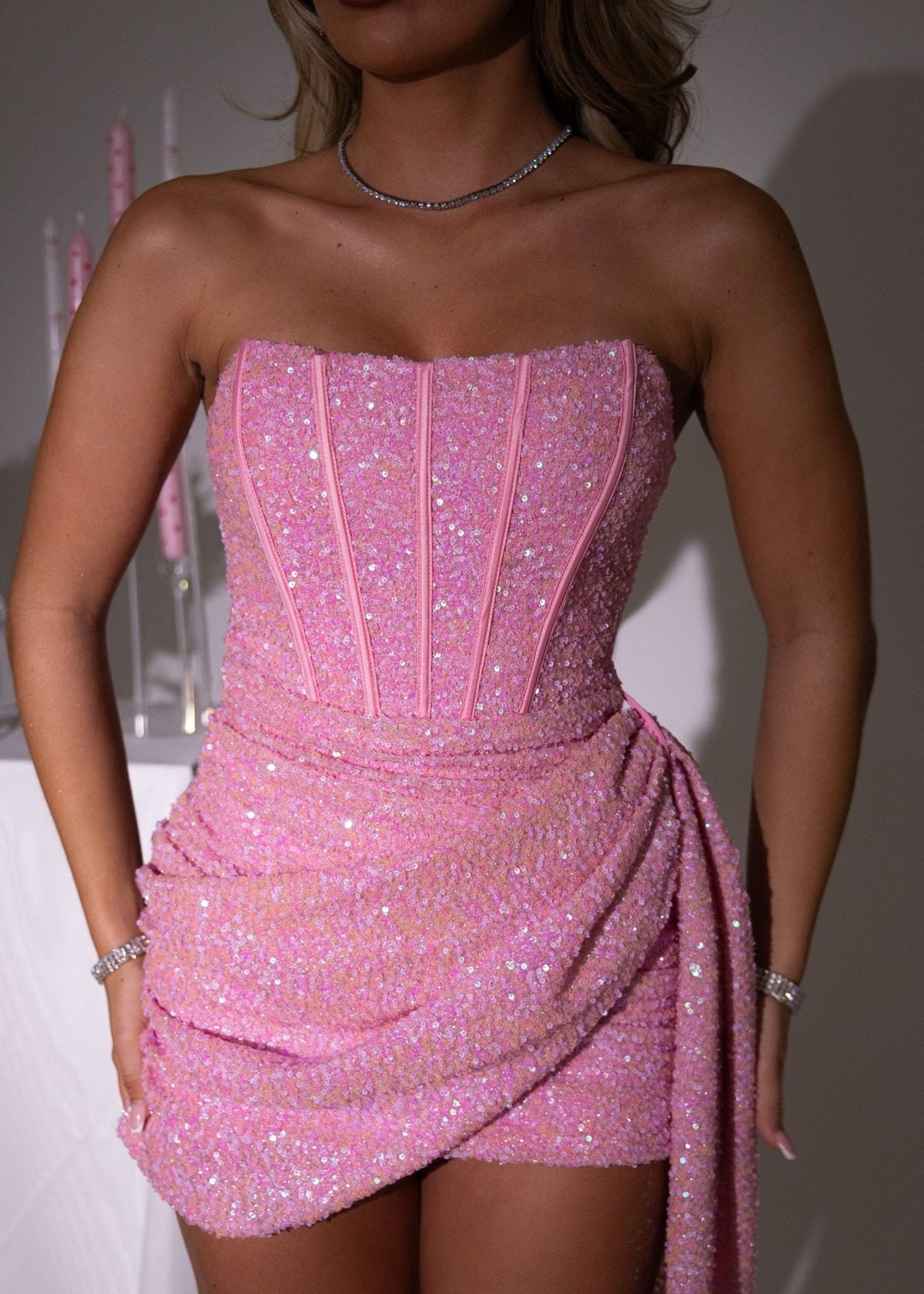 Endless Serenade Sequin Drape Mini Dress - Pink