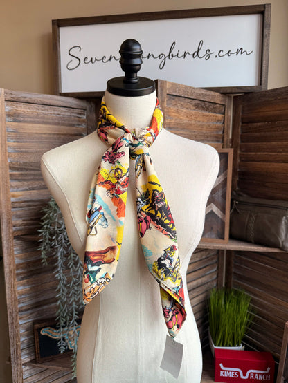 Western wild rag scarf with colorful cowboy and rider print, tied on white mannequin