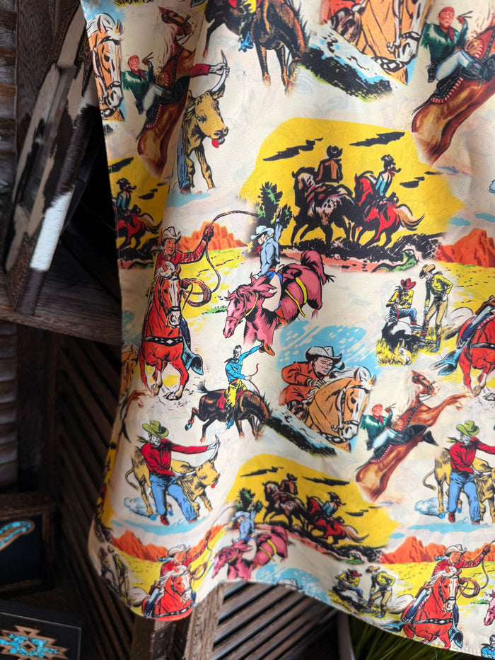 Western wild rag scarf fabric close-up with cowboy, horse, and desert scene prints
