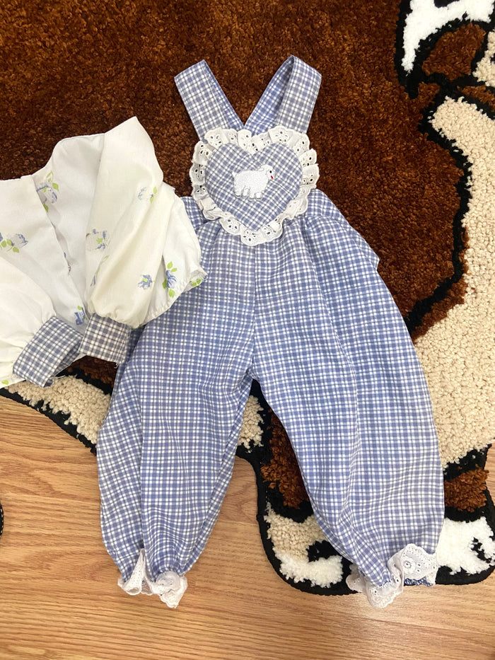 Vintage Baby Girls Blue Check Lamb Romper Overalls With Matching Jacket, Newborn - Deer Creek Mercantile