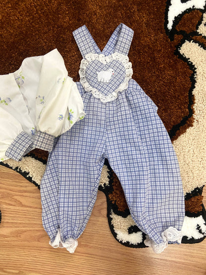 Vintage Baby Girls Blue Check Lamb Romper Overalls With Matching Jacket, Newborn - Deer Creek Mercantile
