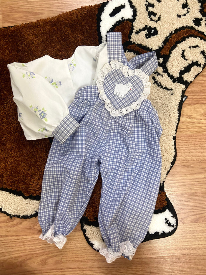 Vintage Baby Girls Blue Check Lamb Romper Overalls With Matching Jacket, Newborn - Deer Creek Mercantile