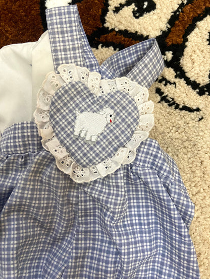 Vintage Baby Girls Blue Check Lamb Romper Overalls With Matching Jacket, Newborn - Deer Creek Mercantile