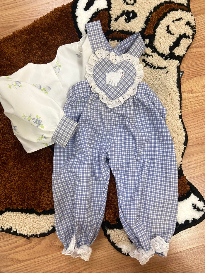 Vintage Baby Girls Blue Check Lamb Romper Overalls With Matching Jacket, Newborn - Deer Creek Mercantile