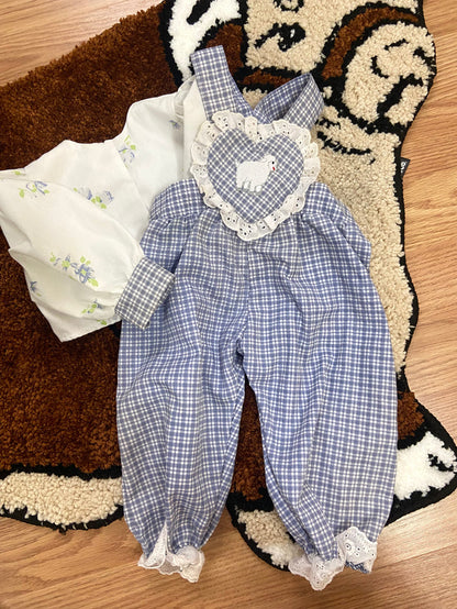 Vintage Baby Girls Blue Check Lamb Romper Overalls With Matching Jacket, Newborn - Deer Creek Mercantile