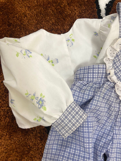 Vintage Baby Girls Blue Check Lamb Romper Overalls With Matching Jacket, Newborn - Deer Creek Mercantile