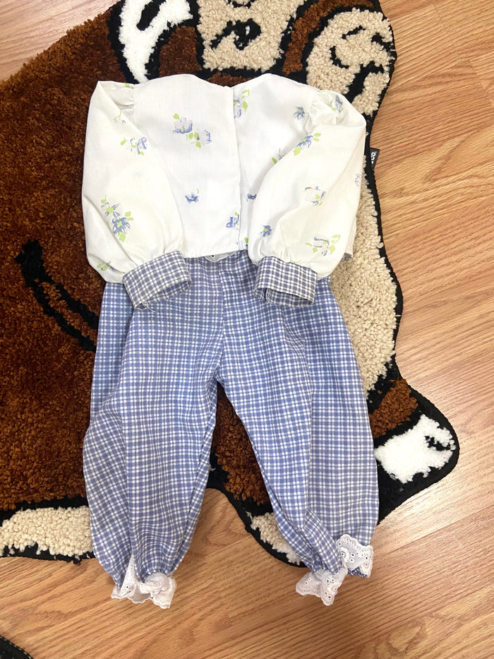 Vintage Baby Girls Blue Check Lamb Romper Overalls With Matching Jacket, Newborn - Deer Creek Mercantile
