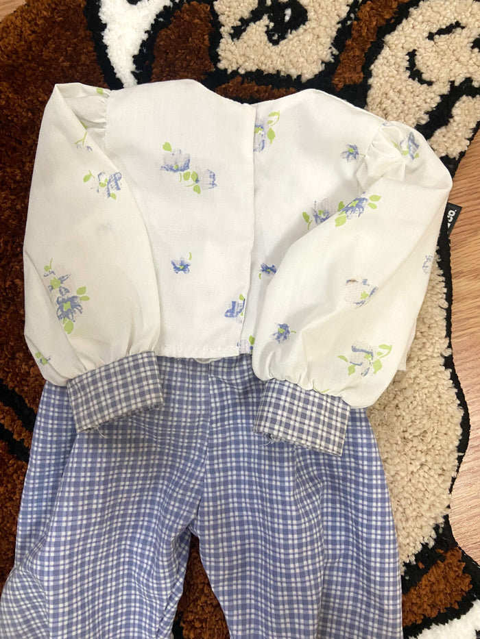 Vintage Baby Girls Blue Check Lamb Romper Overalls With Matching Jacket, Newborn - Deer Creek Mercantile