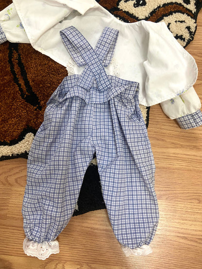 Vintage Baby Girls Blue Check Lamb Romper Overalls With Matching Jacket, Newborn - Deer Creek Mercantile