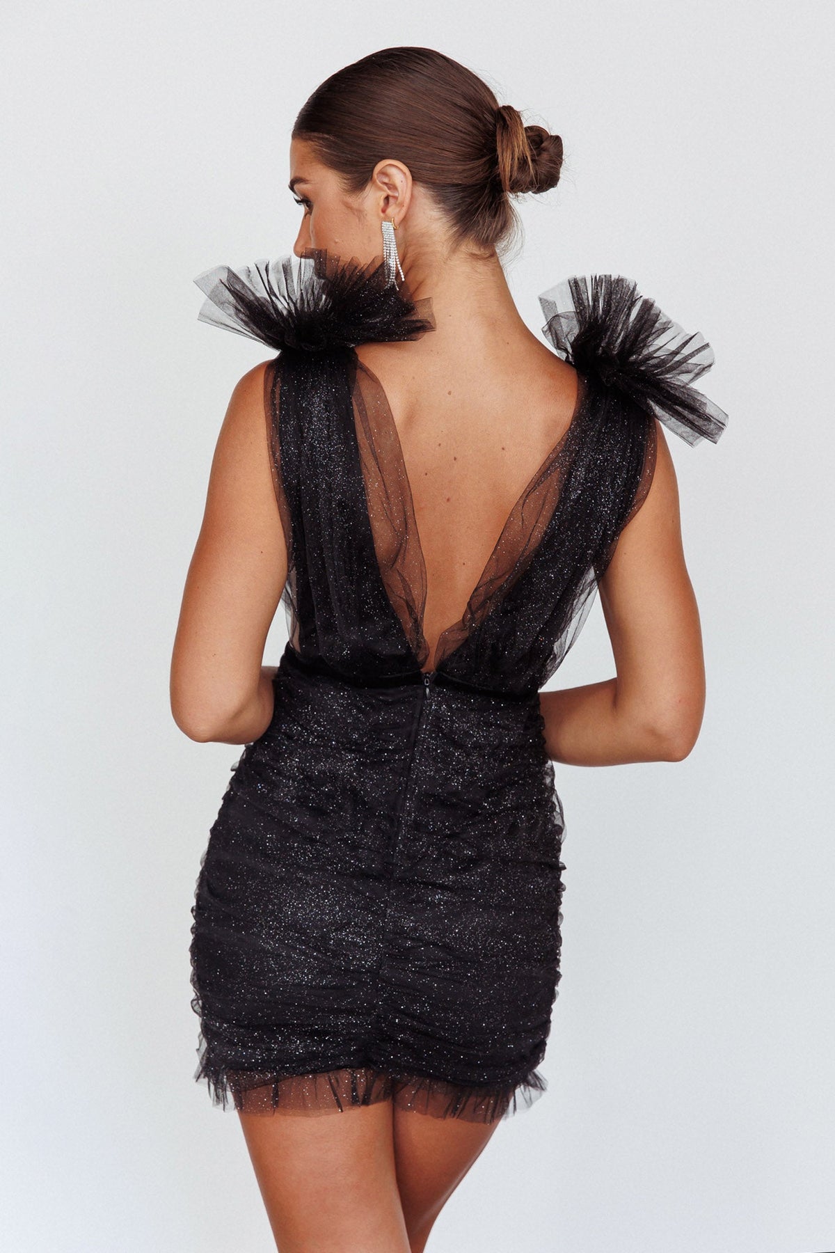 Ludivine Shoulder Accent Mesh Mini Dress Black Glitter