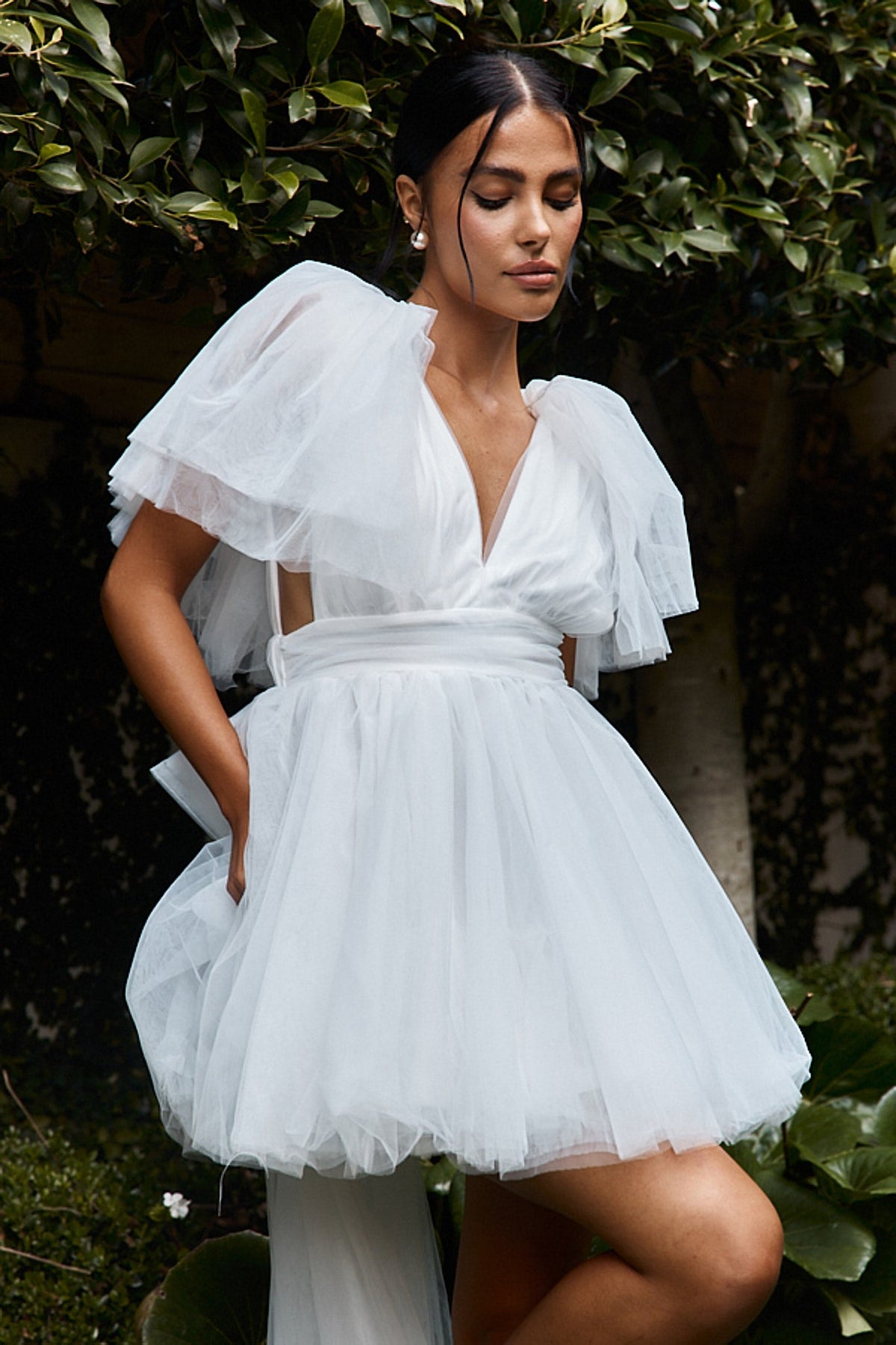 Star Power Tulle Train Mini Dress White