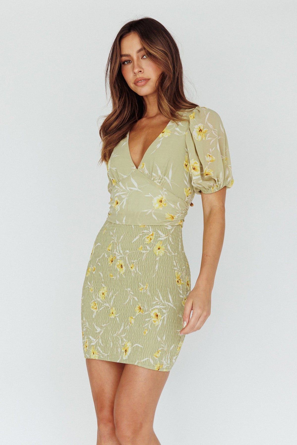 La Nena Shirred Mini Dress Floral Green