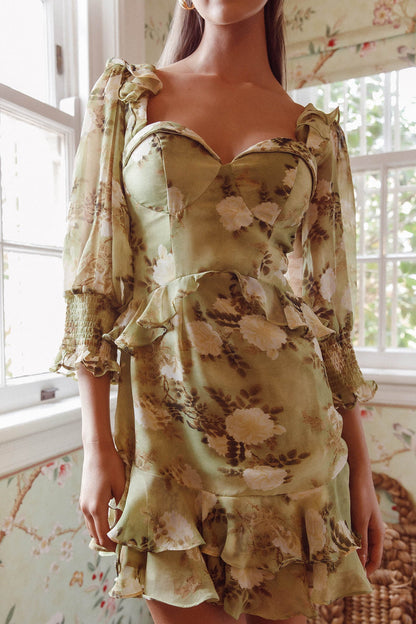 Desiree 3/4 Sleeve Sweetheart Neckline Frill Dress Floral Green