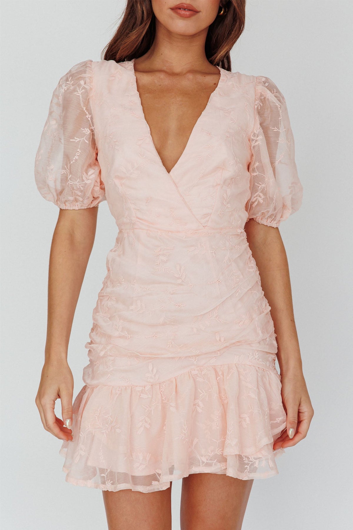 Cherry Blossom Puff Sleeve Wide Ruffle Hem Dress Pink