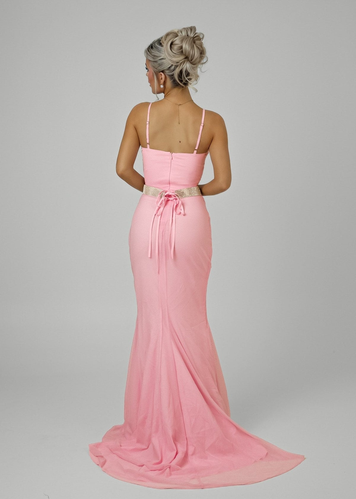 Secret Love Glitter Mesh Gown with Diamante Belt - Pink