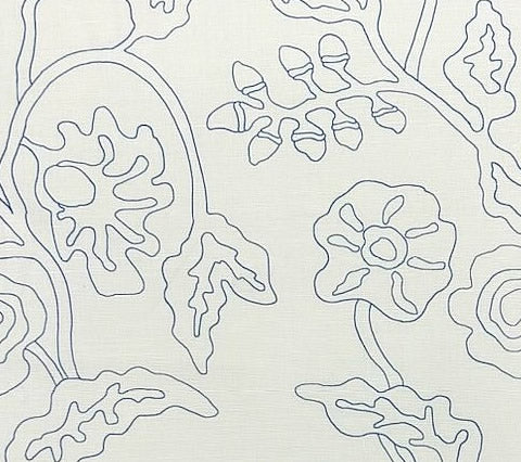 Alan Campbell Fabric: Potalla Outline - Custom French Blue on White Belgian Linen/Cotton