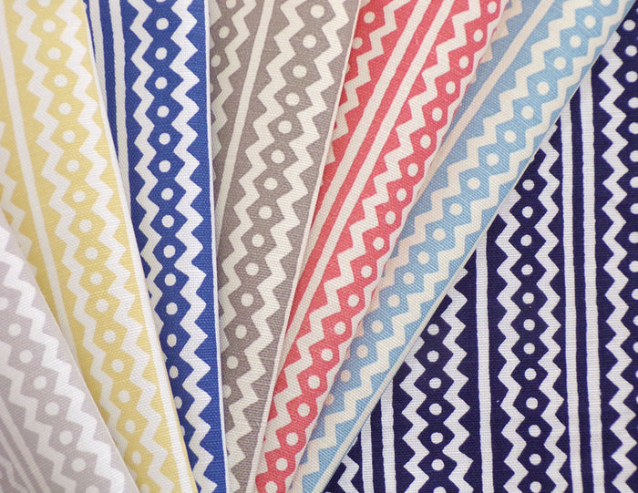 Alan Campbell Fabric: Ric Rac Reverse - Custom Sky Blue on Tinted Belgian Linen / Cotton