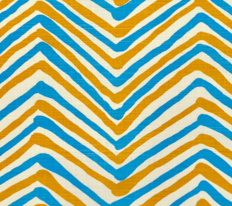 Alan Campbell Fabric: Zig Zag Multicolor - Custom Blue / Tobacco on Tinted Belgian Linen / Cotton