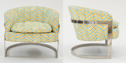 Alan Campbell Fabric: Zig Zag Multicolor - Custom Blue / Tobacco on Tinted Belgian Linen / Cotton