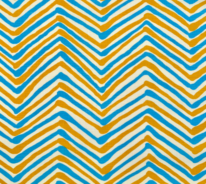 Alan Campbell Fabric: Zig Zag Multicolor - Custom Blue / Tobacco on Tinted Belgian Linen / Cotton