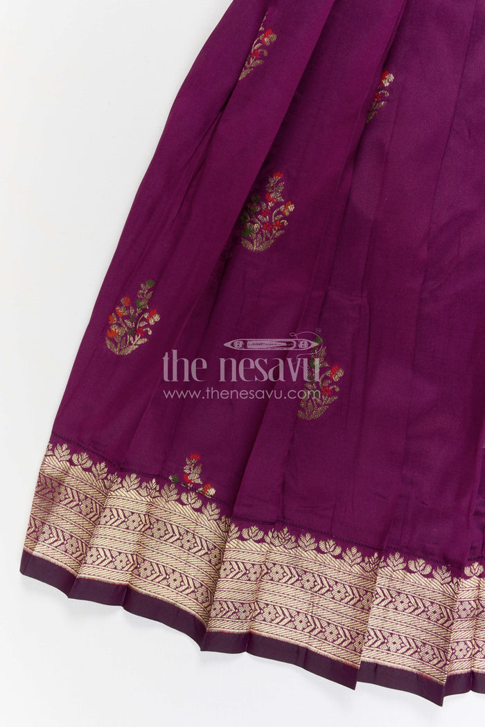 The Nesavu Pattu Pavadai Baby Girl Pattu Pavadai for Traditional Functions and Weddings Nesavu 20 (3Y) / Purple / Banarasi GPP373B-20 Nesavu baby girl pattu pavadai for weddings and festive occasions with Banaras art silk zari border